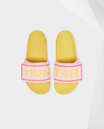 Pink / Yellow Women's Hunter Terry Towelling Logo Adjustable Slides | Dg84EaBk