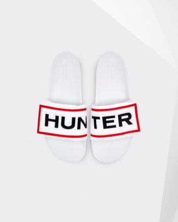 White Women's Hunter Terry Towelling Logo Adjustable Slides | 9MSUHDnL