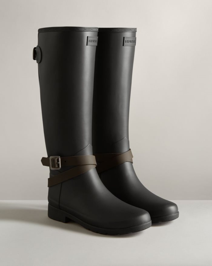 Black / Chocolate Women's Hunter Refined Slim Fit Adjustable Tall Rain Boots | LNMP7ugw