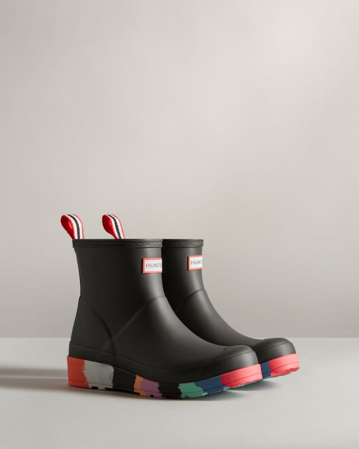 Black / Multicolor Women's Hunter Play Short Stripe Sole Rain Boots | 99VZCh3m