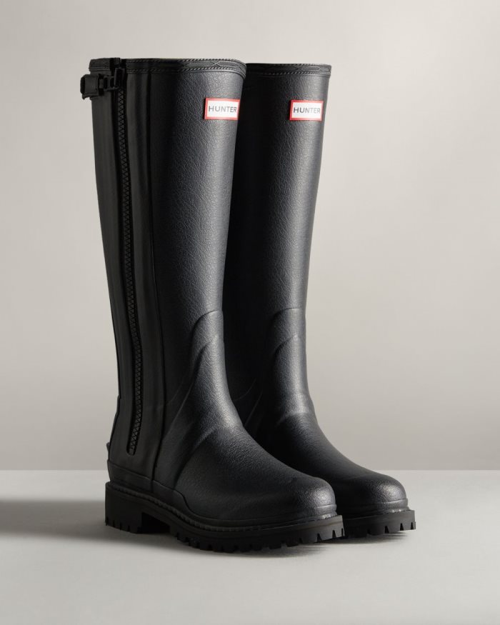 Black Women's Hunter Balmoral Commando Rubber Zip Tall Rain Boots | WWtzeFsn