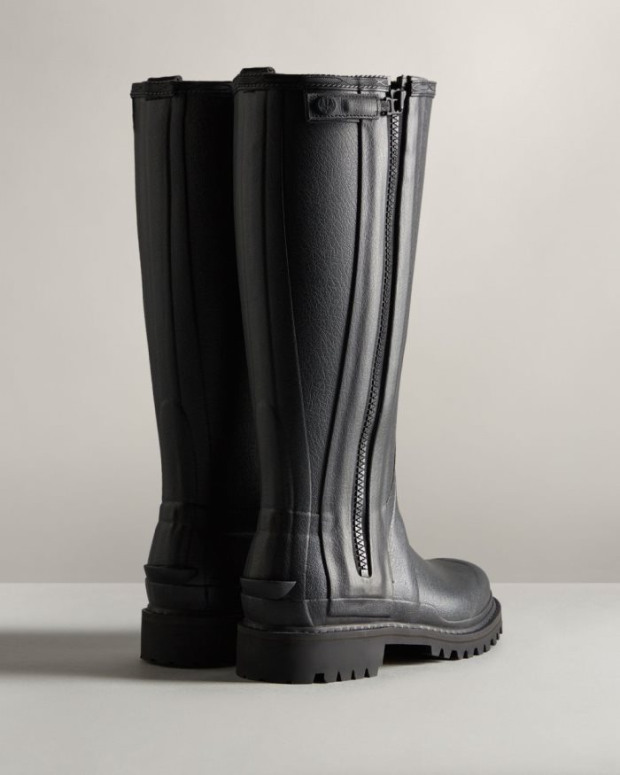 Black Women's Hunter Balmoral Commando Rubber Zip Tall Rain Boots | WWtzeFsn