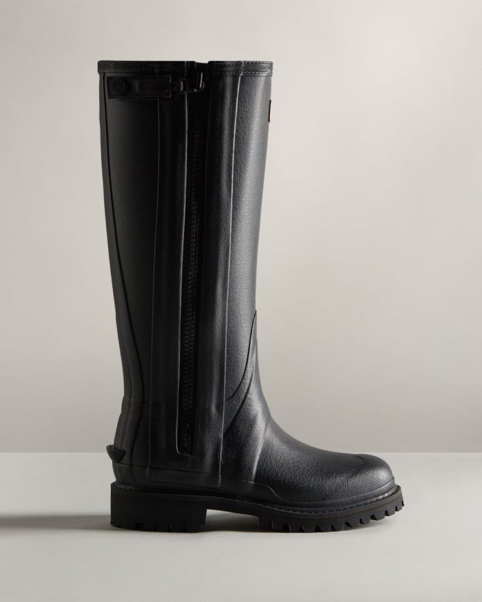 Black Women\'s Hunter Balmoral Commando Rubber Zip Tall Rain Boots | WWtzeFsn