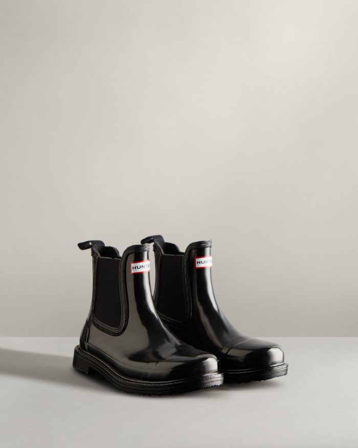 Black Women's Hunter Commando Gloss Rain Boots | OU75dkXO