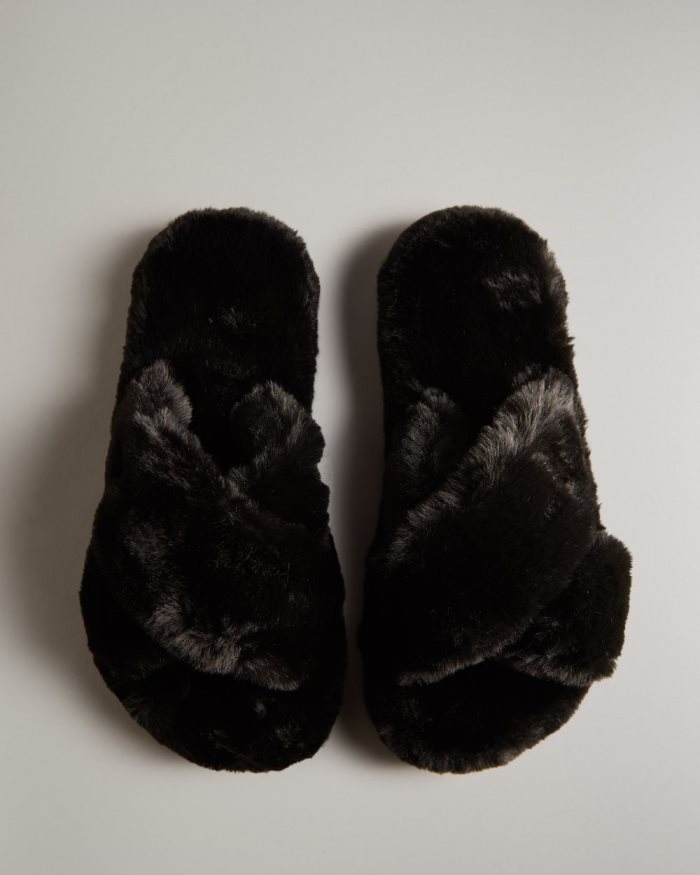 Black Women\'s Hunter Faux Fur Flatform Crossover Slides | AX3wquYI