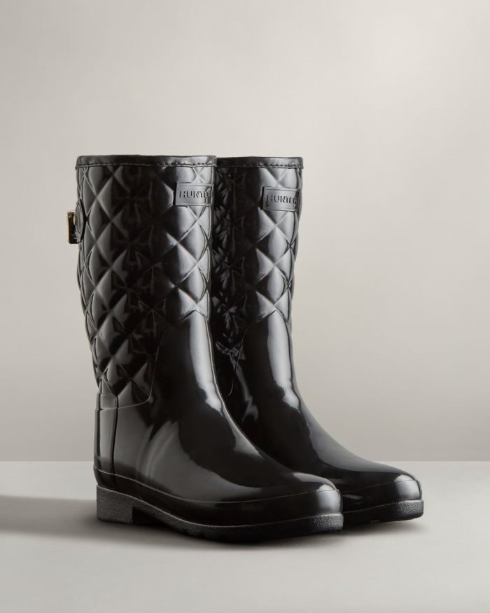 Black Women's Hunter Refined Slim Fit Adjustable Quilted Short Rain Boots | Xk9GmBtQ