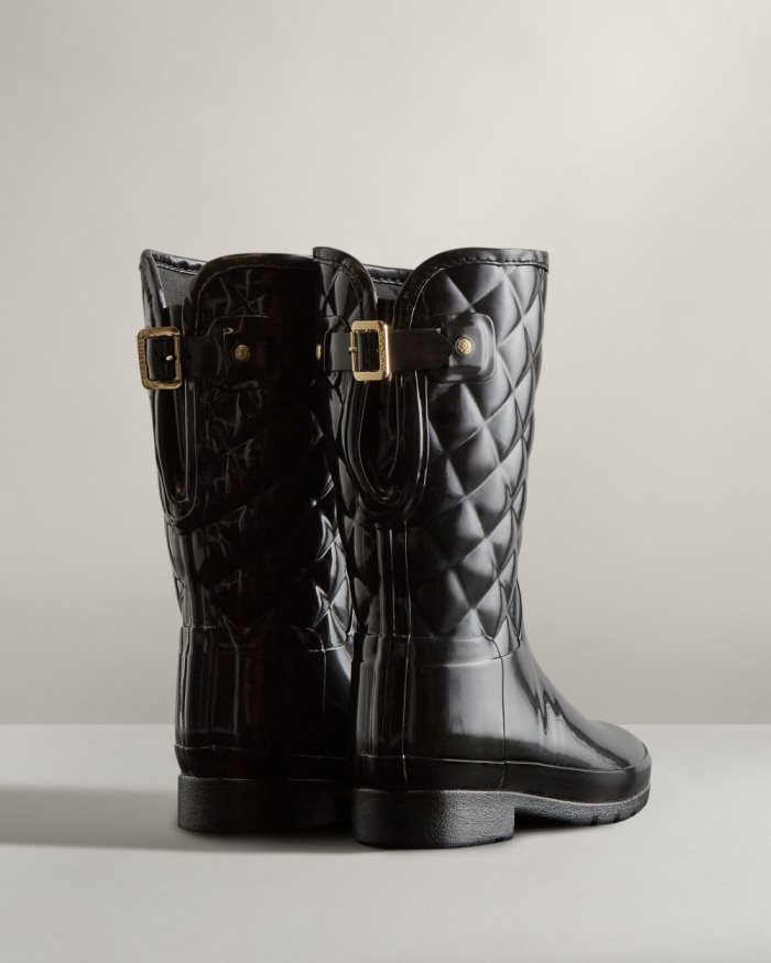 Black Women's Hunter Refined Slim Fit Adjustable Quilted Short Rain Boots | Xk9GmBtQ