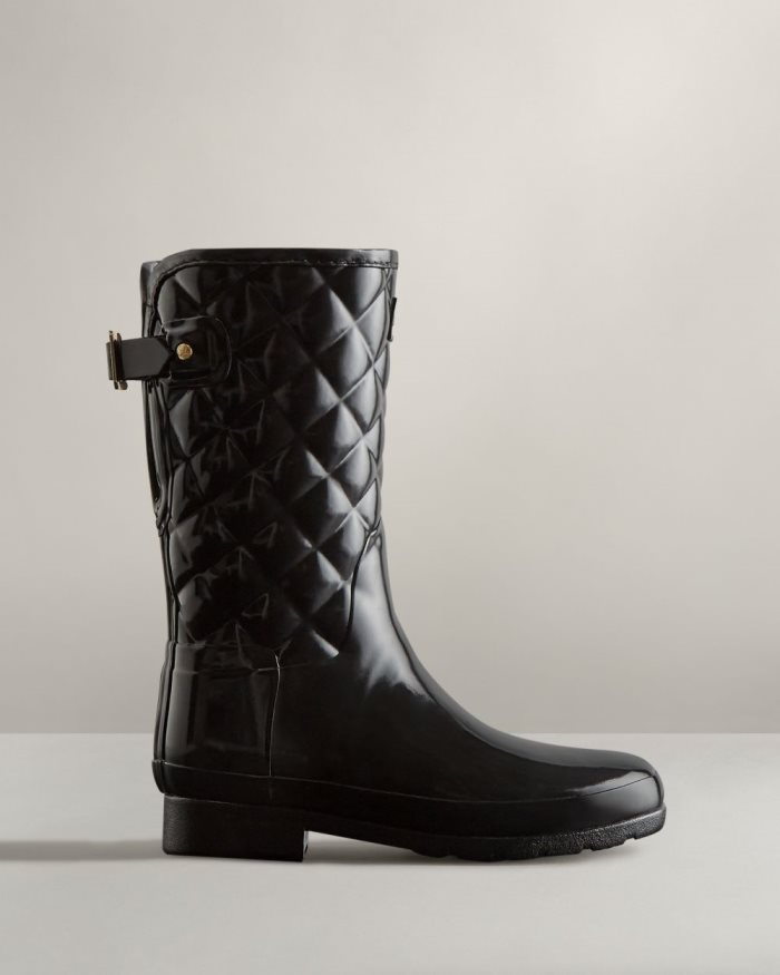 Black Women's Hunter Refined Slim Fit Adjustable Quilted Short Rain Boots | Xk9GmBtQ