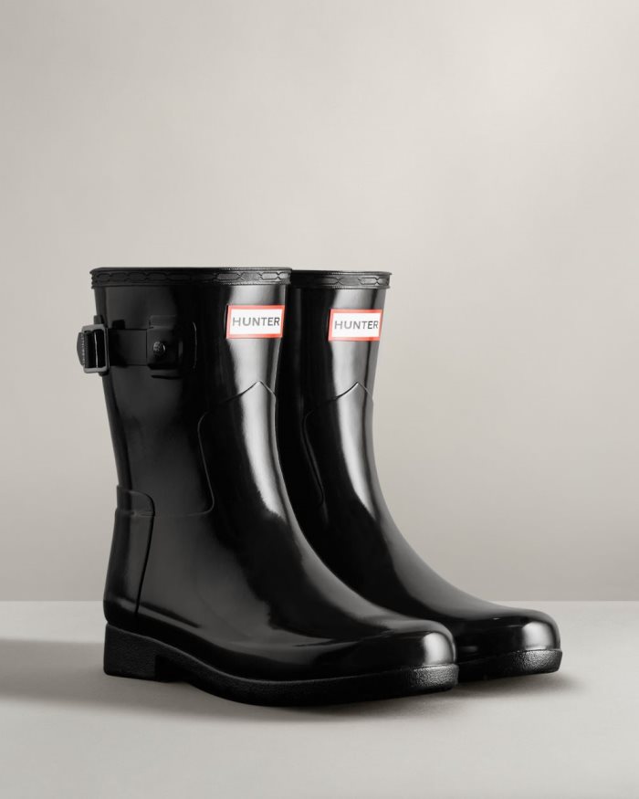 Black Women's Hunter Refined Slim Fit Short Gloss Rain Boots | h4H6TTUS