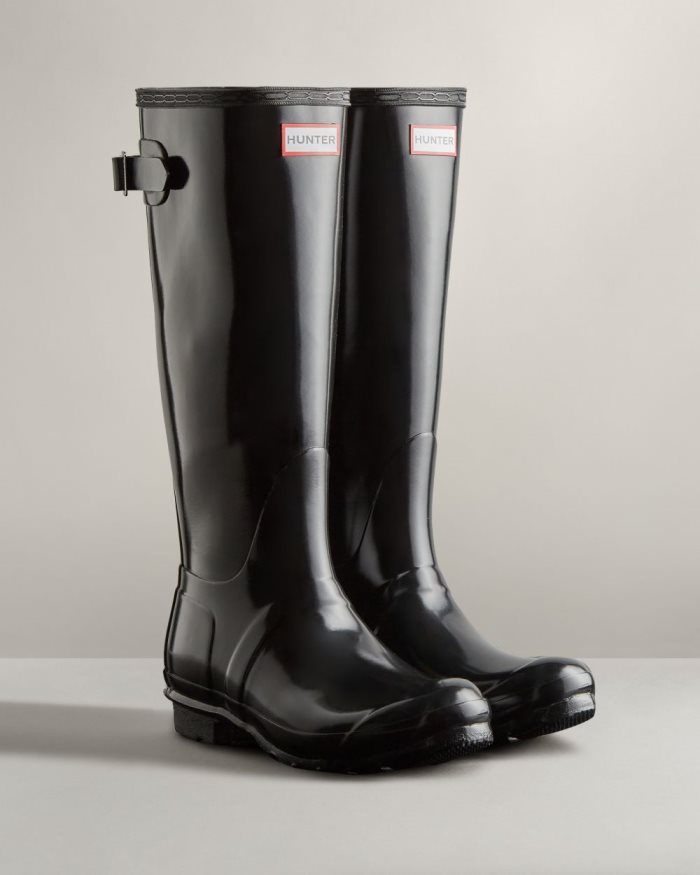 Black Women's Hunter Tall Back Adjustable Gloss Rain Boots | hU8McKNk