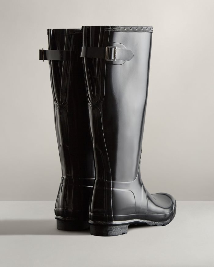 Black Women's Hunter Tall Back Adjustable Gloss Rain Boots | hU8McKNk