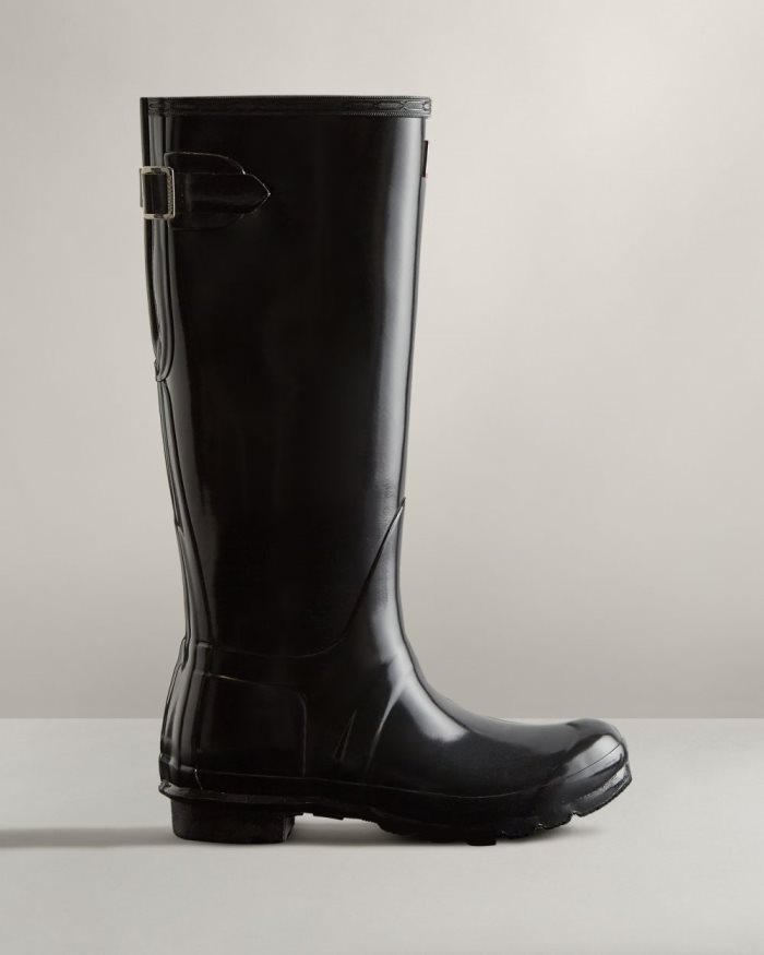 Black Women's Hunter Tall Back Adjustable Gloss Rain Boots | hU8McKNk