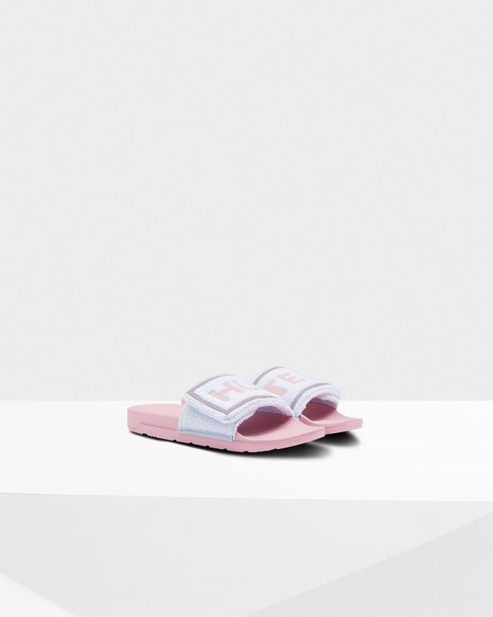 Blue / Pink Women's Hunter Terry Towelling Logo Adjustable Slides | qM44pAqo