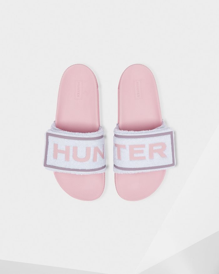 Blue / Pink Women\'s Hunter Terry Towelling Logo Adjustable Slides | qM44pAqo