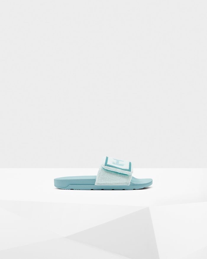 Mint / Blue Women's Hunter Terry Towelling Logo Adjustable Slides | Ck0bNpOE