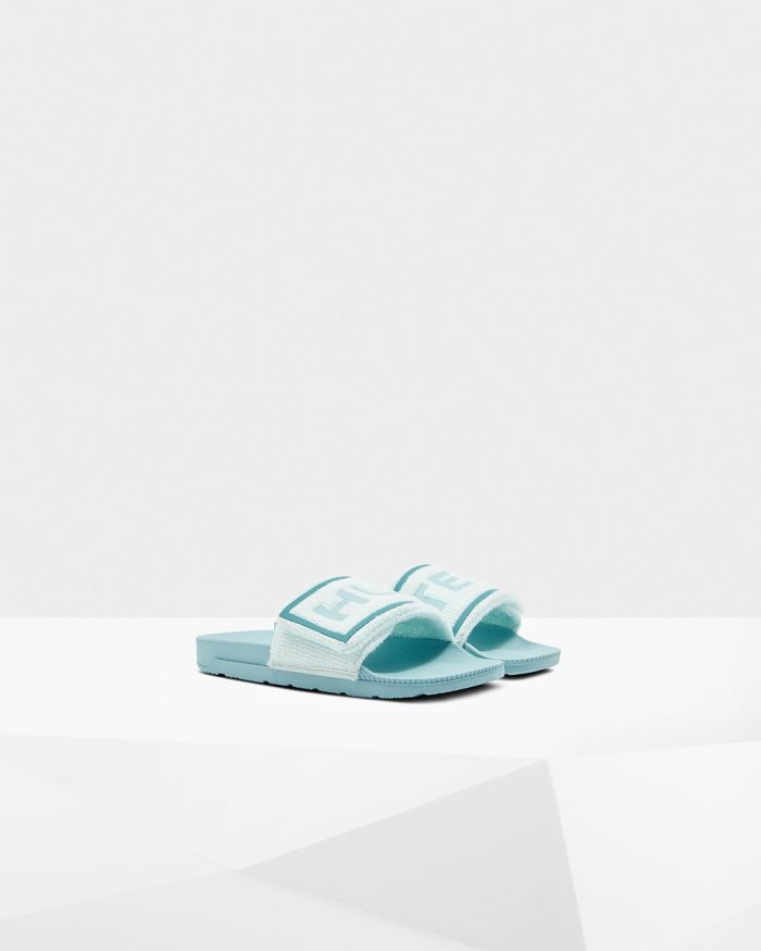 Mint / Blue Women's Hunter Terry Towelling Logo Adjustable Slides | Ck0bNpOE