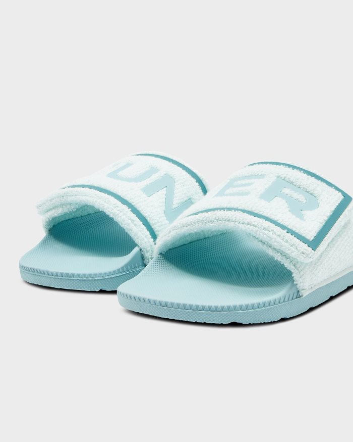 Mint / Blue Women's Hunter Terry Towelling Logo Adjustable Slides | Ck0bNpOE