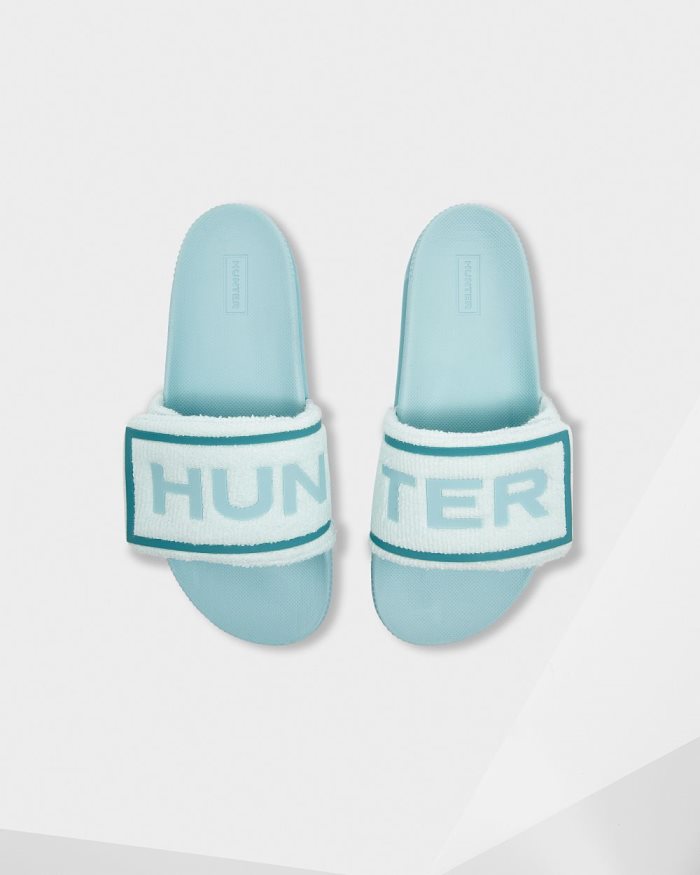 Mint / Blue Women\'s Hunter Terry Towelling Logo Adjustable Slides | Ck0bNpOE