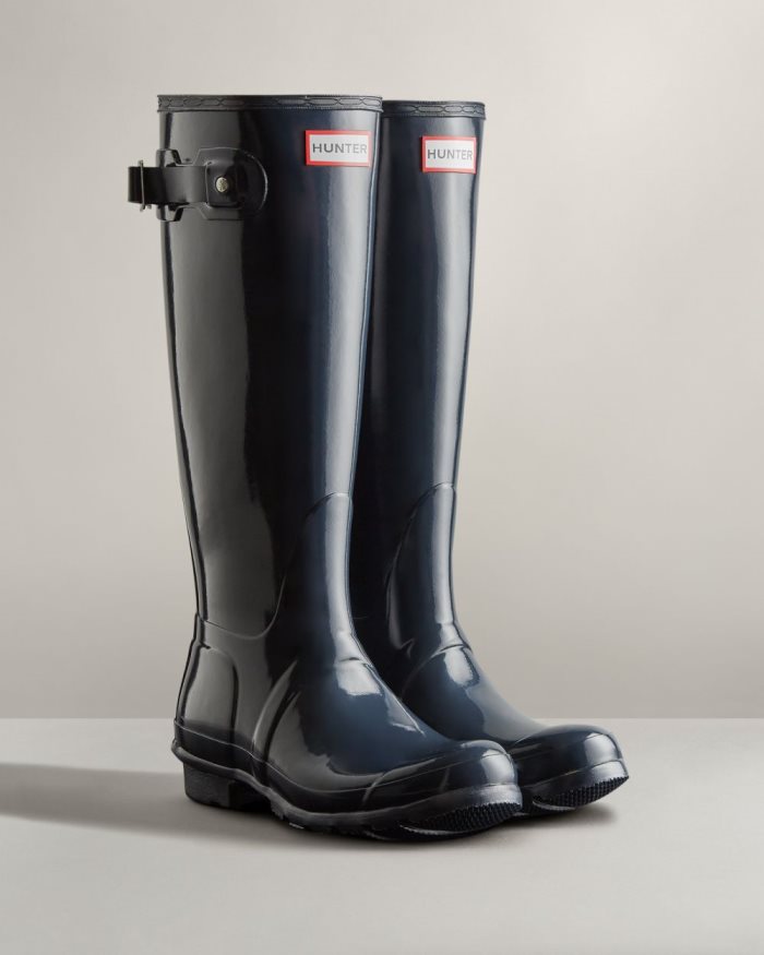 Navy Women's Hunter Original Tall Gloss Rain Boots | 0HiXFQVN