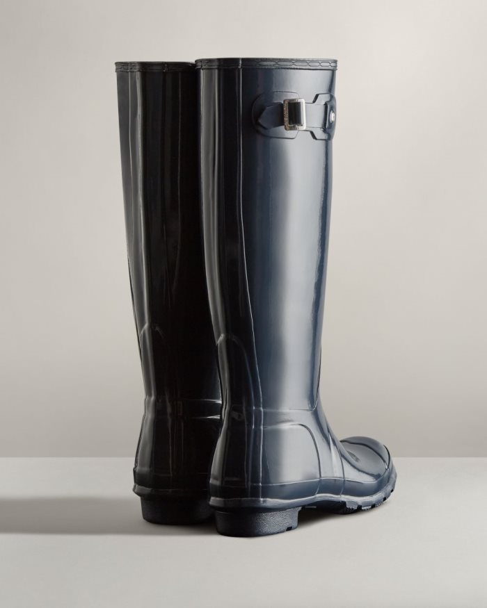 Navy Women's Hunter Original Tall Gloss Rain Boots | 0HiXFQVN