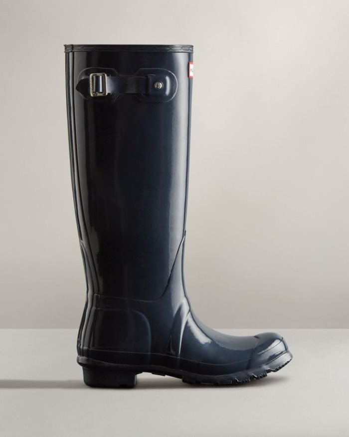 Navy Women's Hunter Original Tall Gloss Rain Boots | 0HiXFQVN