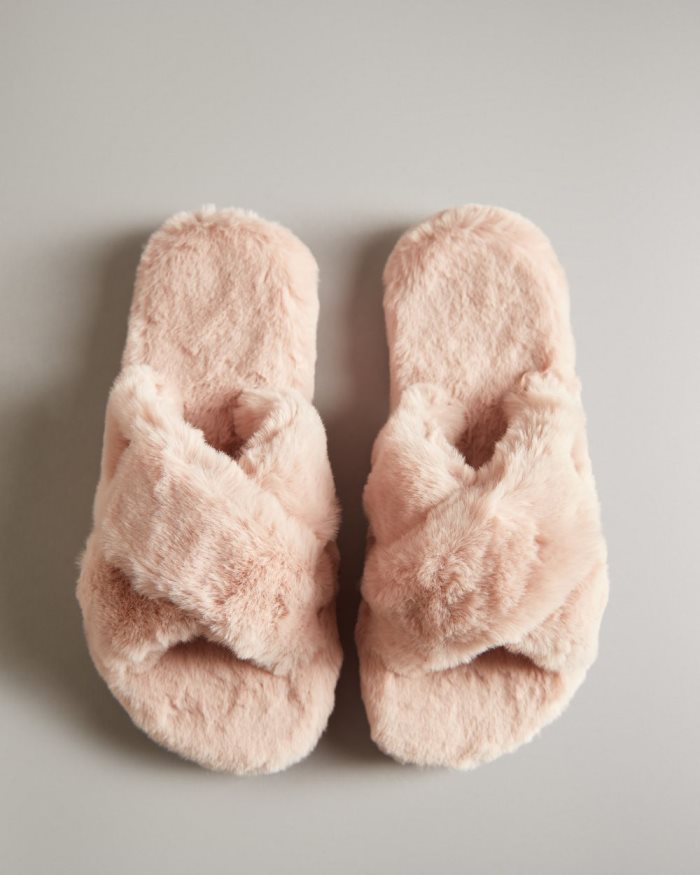 Pink Women's Hunter Faux Fur Flatform Crossover Slides | Lu3j8GWa