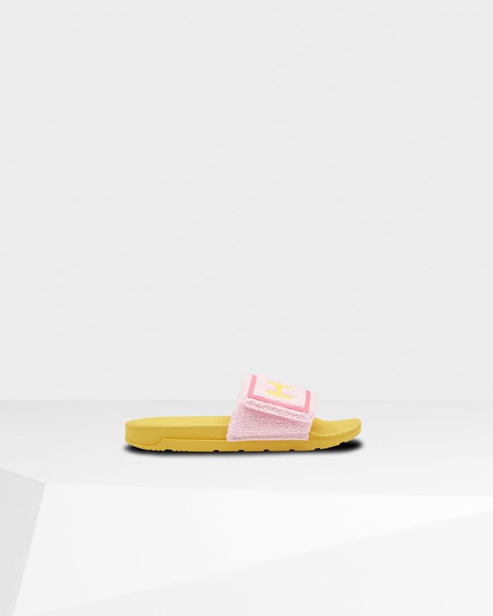 Pink / Yellow Women's Hunter Terry Towelling Logo Adjustable Slides | Dg84EaBk