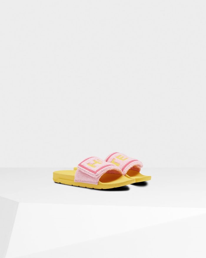 Pink / Yellow Women's Hunter Terry Towelling Logo Adjustable Slides | Dg84EaBk