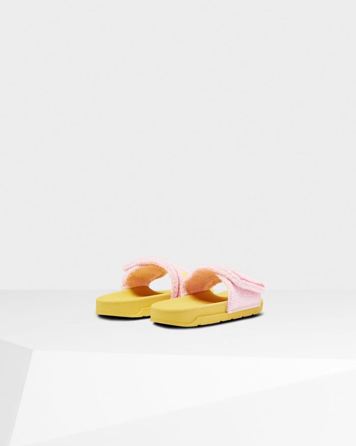 Pink / Yellow Women's Hunter Terry Towelling Logo Adjustable Slides | Dg84EaBk