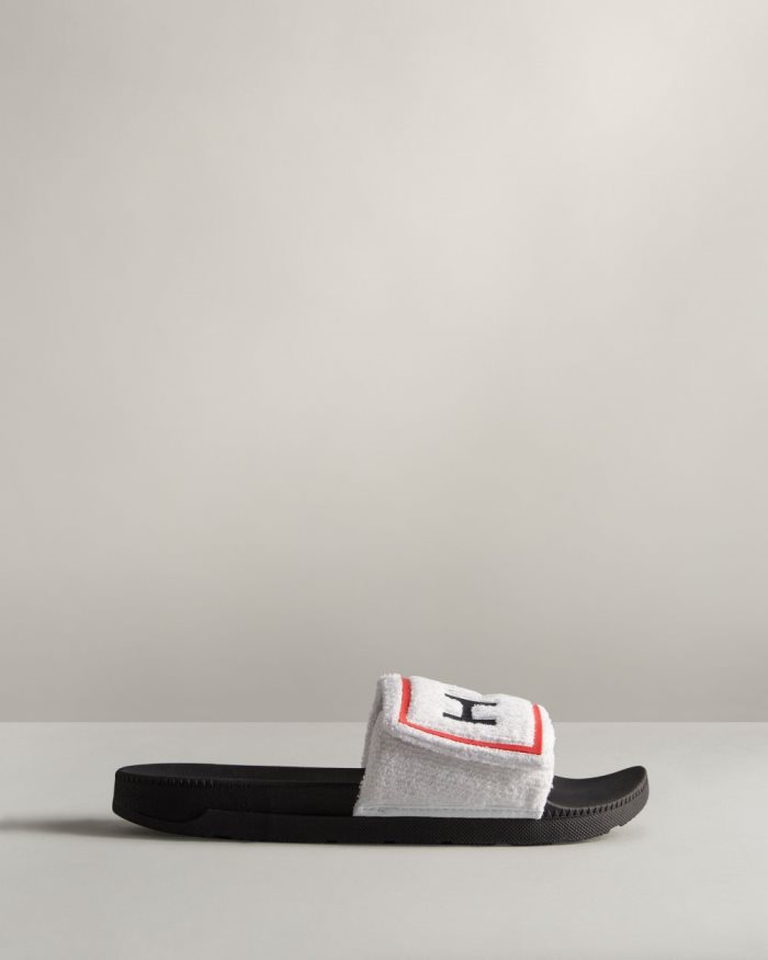 White / Black Men's Hunter Terry Towelling Logo Adjustable Slides | q9nCXN0T