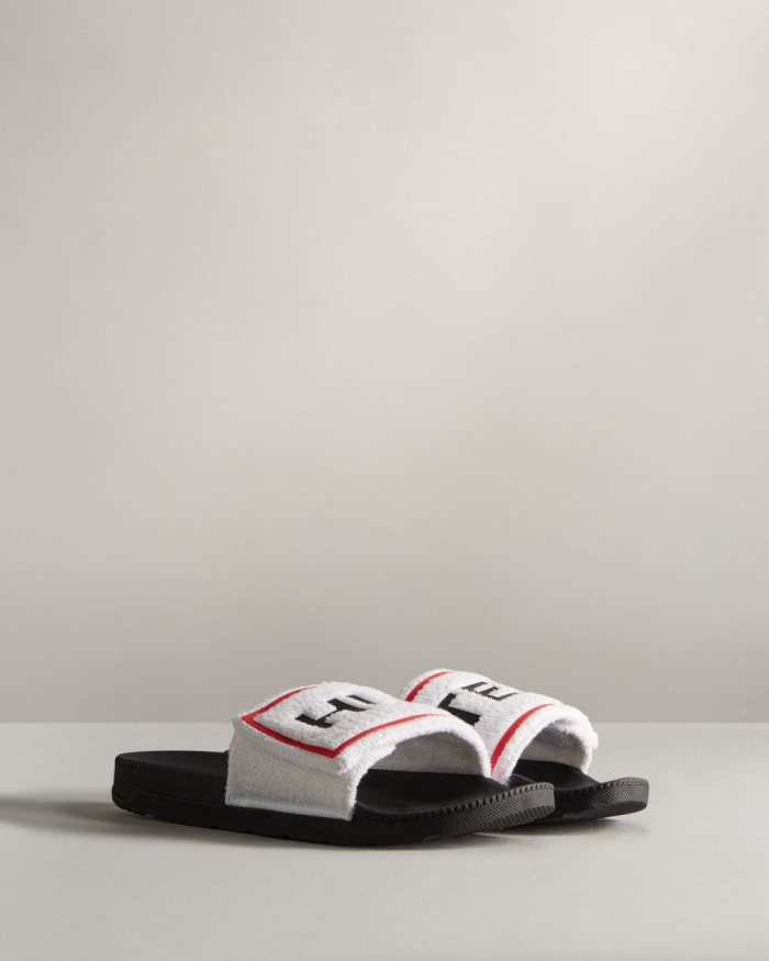 White / Black Men's Hunter Terry Towelling Logo Adjustable Slides | q9nCXN0T