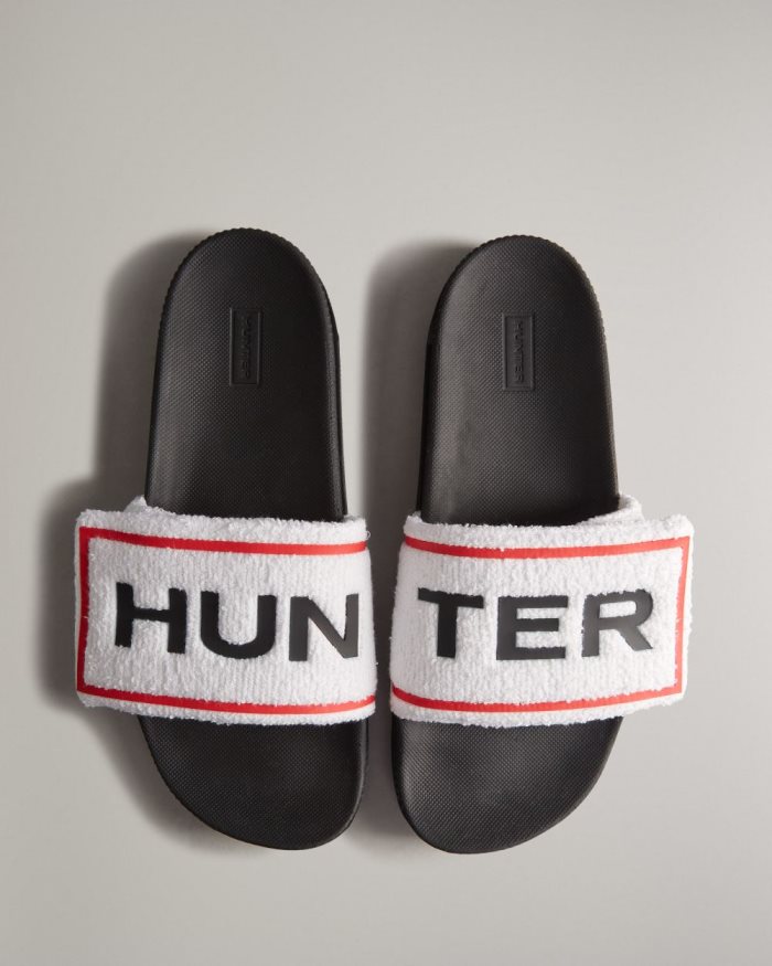 White / Black Men's Hunter Terry Towelling Logo Adjustable Slides | q9nCXN0T