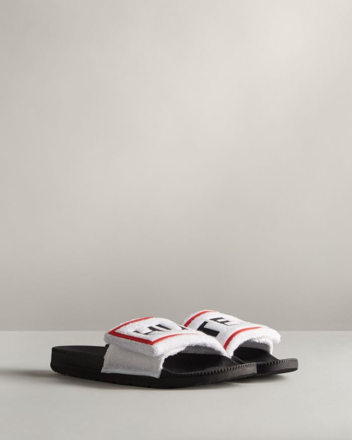 White / Black Women's Hunter Terry Towelling Logo Adjustable Slides | xjBy15Sv