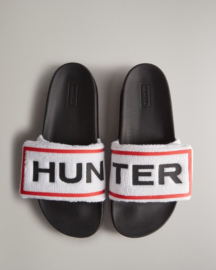 White / Black Women's Hunter Terry Towelling Logo Adjustable Slides | xjBy15Sv