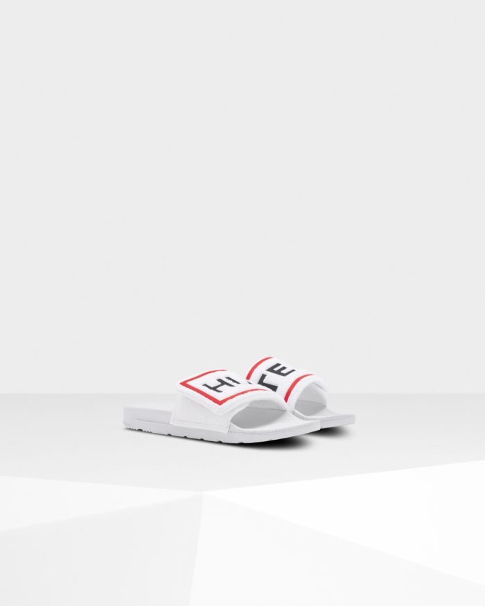 White Women's Hunter Terry Towelling Logo Adjustable Slides | 9MSUHDnL