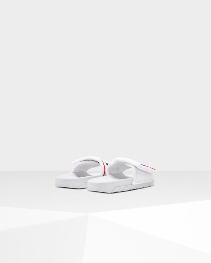 White Women's Hunter Terry Towelling Logo Adjustable Slides | 9MSUHDnL