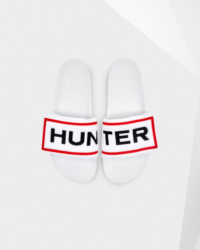 White Women\'s Hunter Terry Towelling Logo Adjustable Slides | 9MSUHDnL